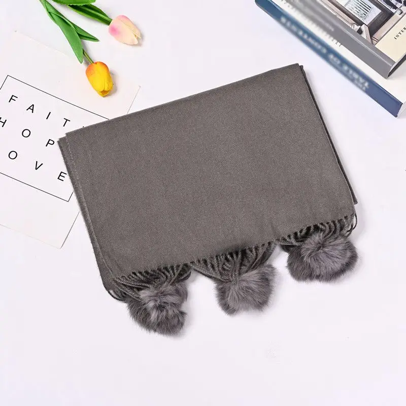 

Women Ladies Fashion Vintage Plain Fur Pom Pom Wool Scarf Check Shawl Wrap