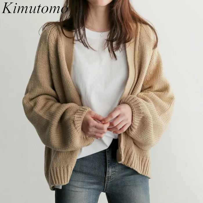 

Kimutomo Woman Chic Cardigan 2022 Spring New Korean Solid Simple Lazy Style V-neck Long Sleeve Loose Versatile Knitting Cardigan