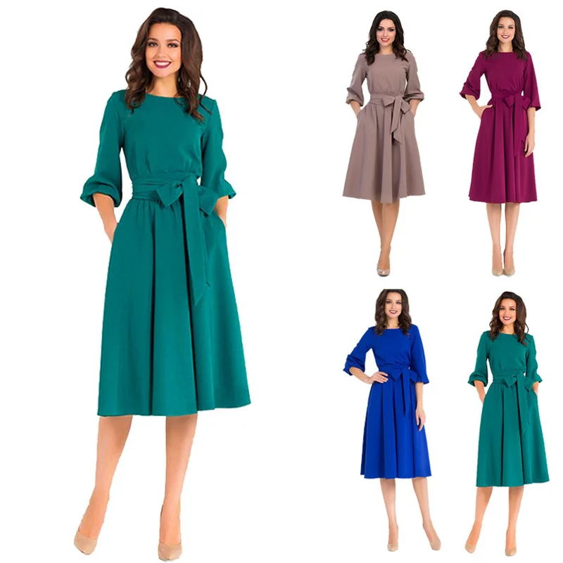

Vintage Soild Lantern Sleeve A-Line Dress Women spring Elegant O-Neck Half Sleeve Office Lady Pocket Sashes Knee-Length Casual