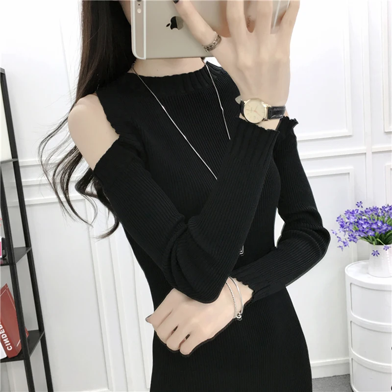Холодное плечо 2019 трикотажное мини платье с длинными рукавами для женщин