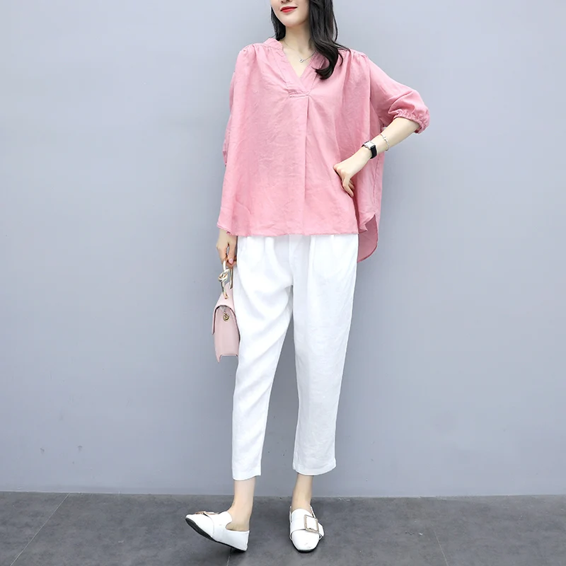 Женский комплект из 2 предметов повседневный топа с V образным вырезом и белых