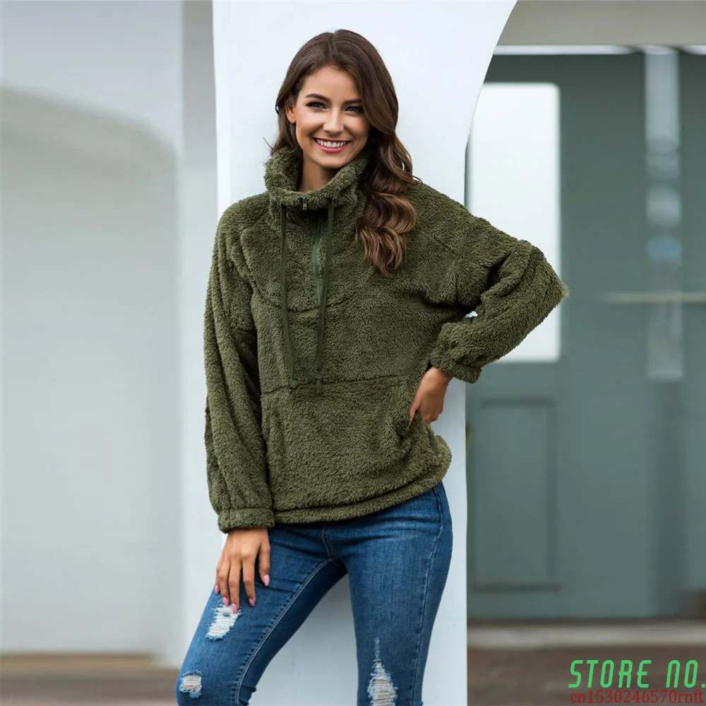 

Женский шерстяной пуловер, флисовый свитер с высоким воротником, на молнии, с кулиской, с большими карманами, Теплые Топы, женские пушистые п...