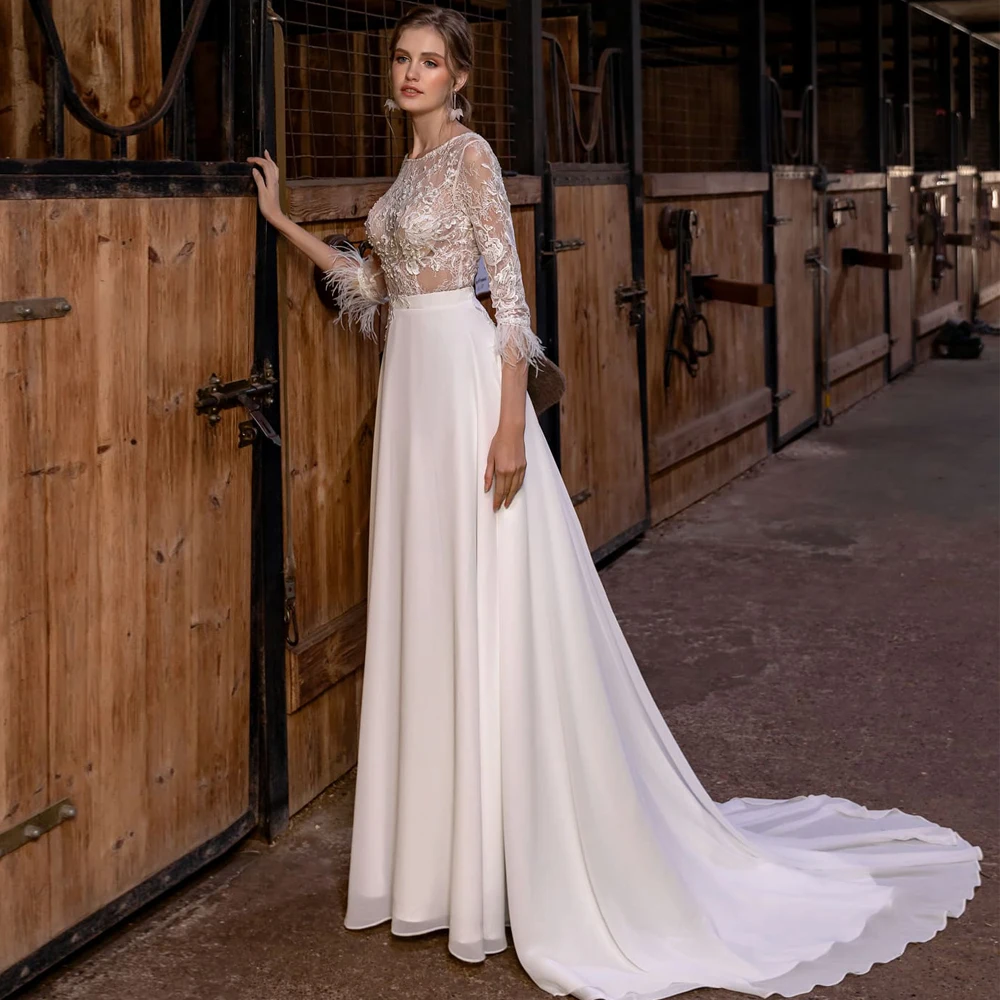 

Vestidos Sexy Wedding Dresses Chiffon Lace Tassel Bateau Three Quarter Zipper A-Line Bridal Gowns 2021 Novia Do