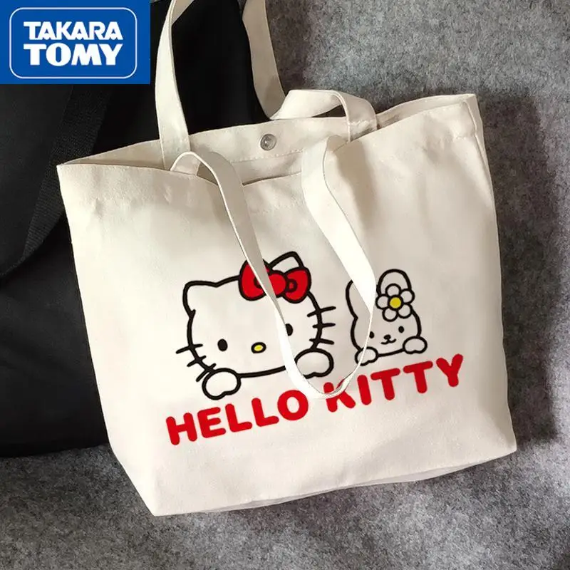 

TAKARA TOMY Cute Cartoon Hello Kitty Canvas Tote Bag Simple Casual Large Capacity Student Shoulder Bag