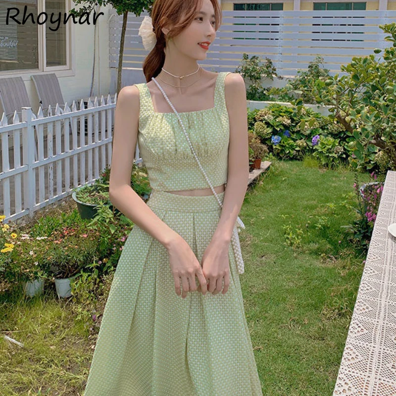 

Женский летний комплект из 2 предметов, модный зеленый милый топ до середины икры с квадратным воротником для девушек и колледжа, праздничны...