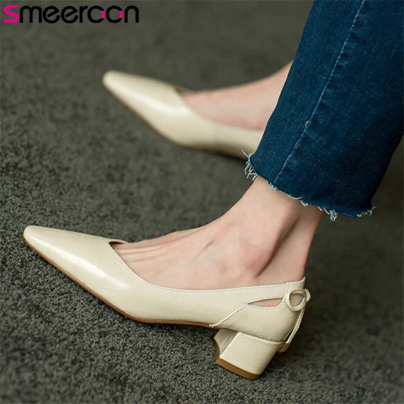 

Smeeroon 2021 Top Quality Genuine Leather Single Shoes Women Pumps Stone Pattern Thick Heel Casual Party Wedding Shoes Women