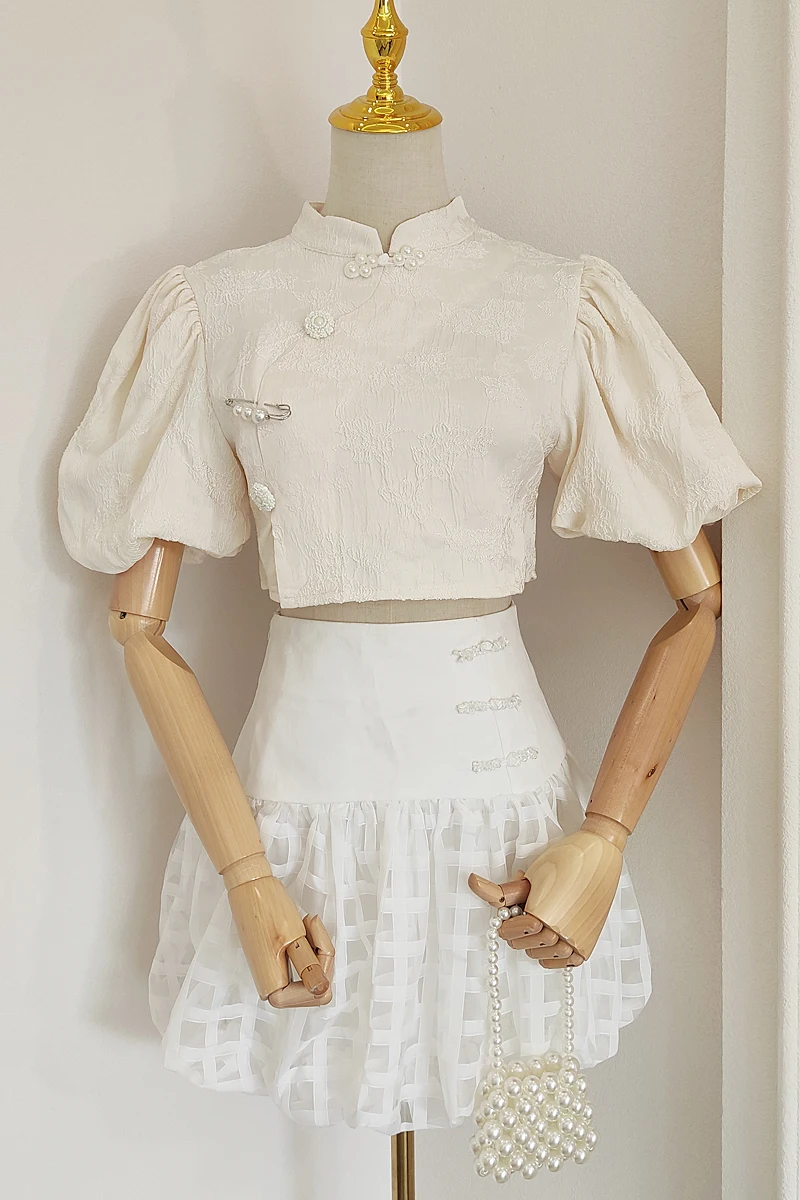 

Summer 2021 Vintage Diamond Beaded Buckle Puff Sleeve Cheongsam Top Mesh Plaid High Waist Bud Skirt Set