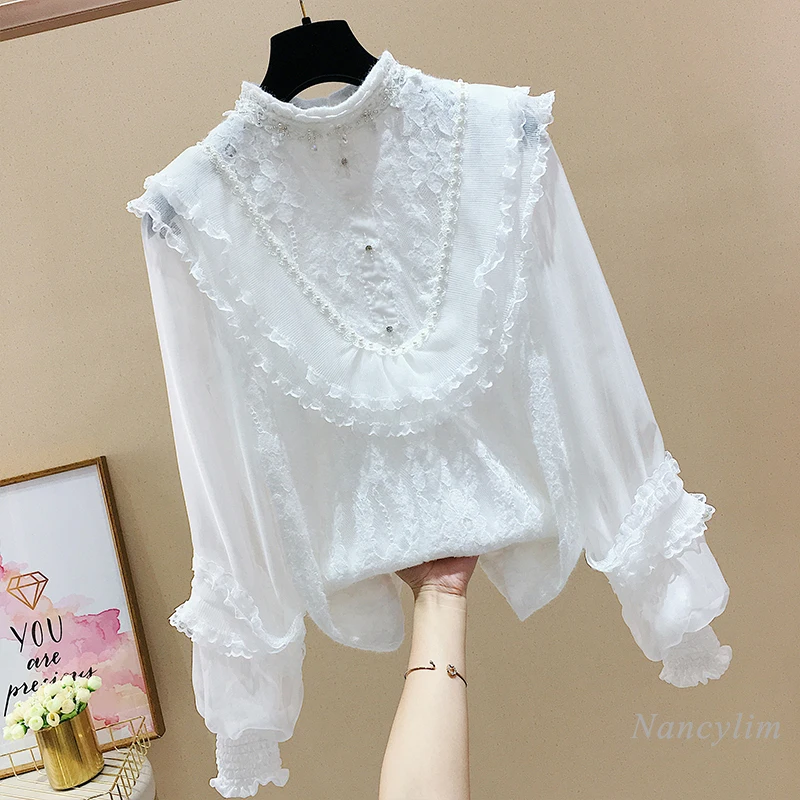 Women's Ruffles Lace Bead Chiffon Shirt Long Sleeved White Blouse Female  2021 Spring New Clothes All-Match Basic Tops