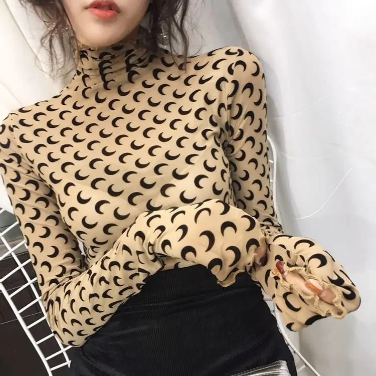 Прозрачный сетчатый сексуальный топ с принтом Луны для женщин круглым вырезом и