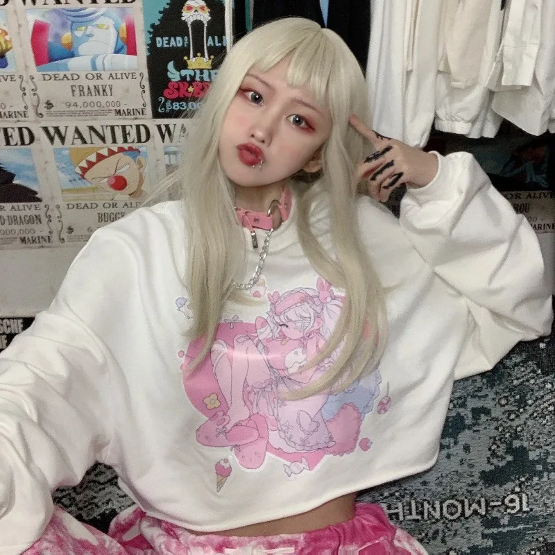 Harajuku kawaii cute cartoon anime girl printed t-shirt long sleeve white tshirts women sweet tops loose pullovers woman clothes