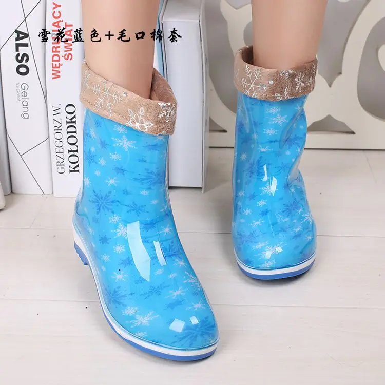 Женские резиновые сапоги средней длины модные теплые из хлопка для дождливой