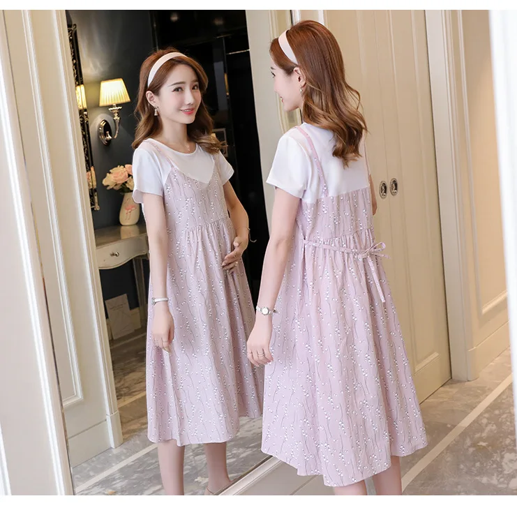 

Maternity Nursing Dress Summer New Floral Short Sleeve Loose Over the Knee Maternity Long Skirt Summer maternity dresses