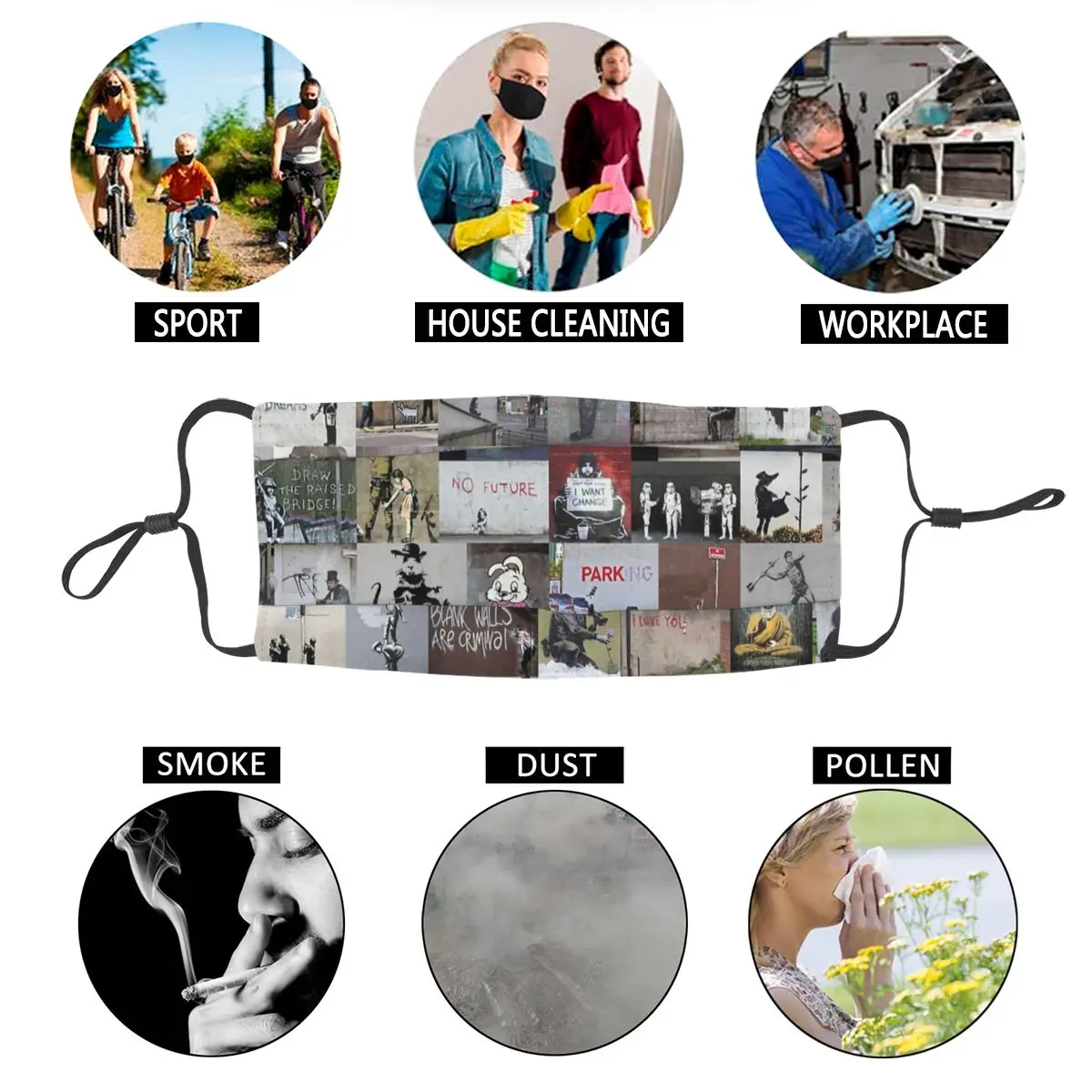 

Banksy England Street Art Graffiti Non-Disposable Face Mask Anti Haze Dust Mask Protection Cover Respirator Mouth Muffle