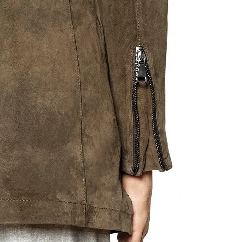 

100% Mens Luxury Sheepskin Suede Leather Long Jacket Motorcycle Genuine Leather Trench Coat Male Biker Zipper Streetwear Jackets