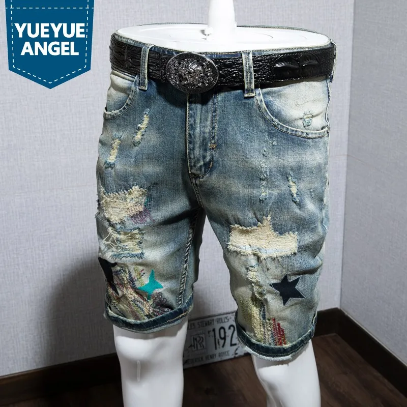 

Summer Mens Fashion Slim Fit Knee Length Jeans Shorts Casual Embroidery Hole Ripped Denim Shorts Plus Size 40 Short Trousers