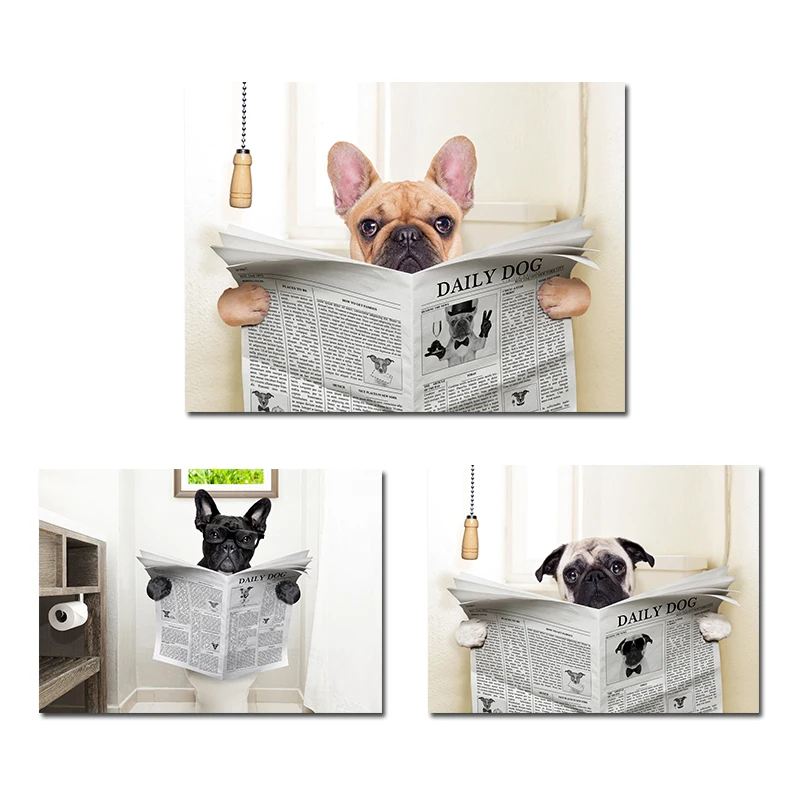 

Funny Animal Dog Wearing Glasses Reading Newspaper In Toilet Canvas Painting Poster Wall Picture Home Decoration