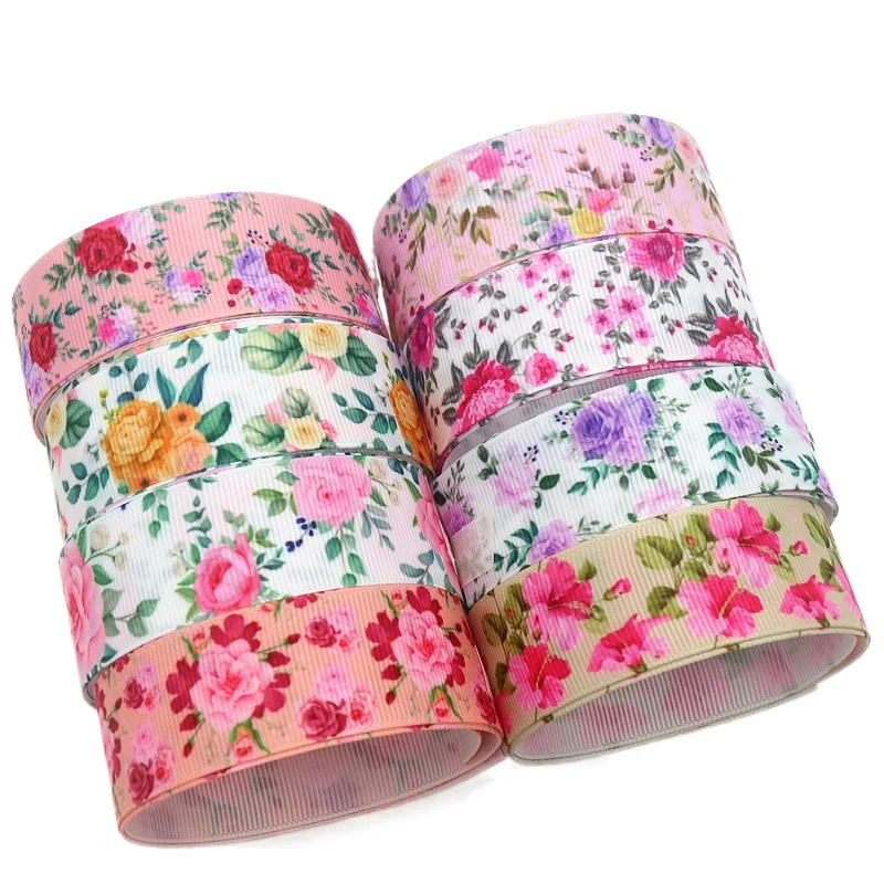 

DUWES 50yards Flowers Floral Rose Printed Grosgrain Ribbon Accessory Hairbow Headwear Decoration DIY Wholesale OEM D1461