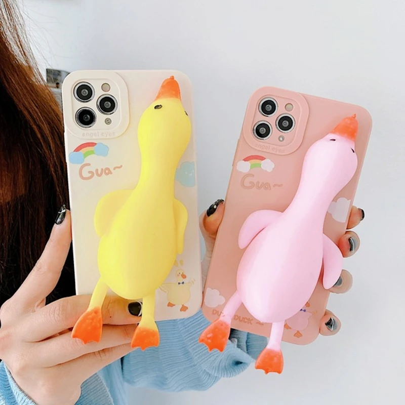 

Cute Cartoon Duck Reliver Stress Phone Case For iPhone 12Pro Case 11 7 8 Plus X XS MAX XR 3D Stereoscopic Anti-stress Soft Cover