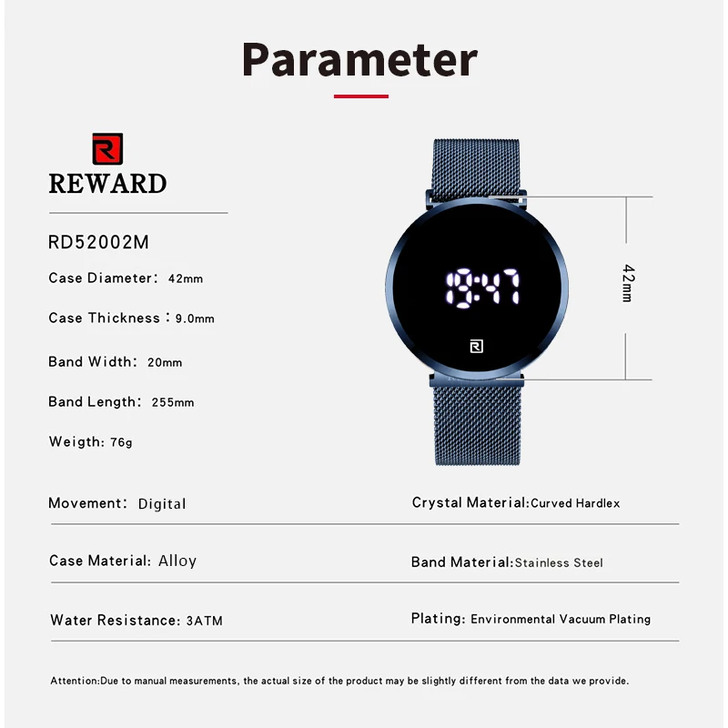 

REWARD Digital Watches for Men Week Display Small Case Calendar Display Liminous Hands Fashion Dark Blue Mesh Band Casual Clock