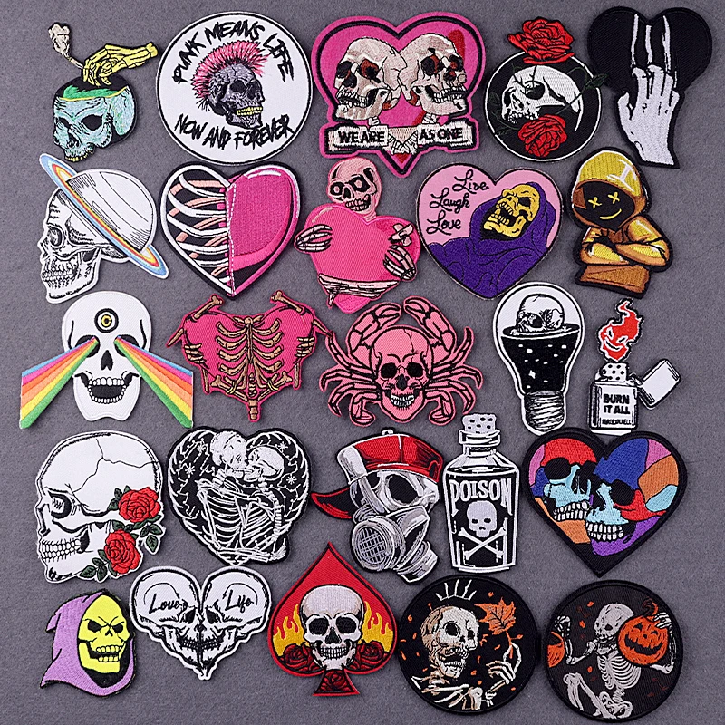 

Embroidered Patch Hippie Skull Patches For Clothing Stickers Punk Biker Iron On Patches On Clothes Stripes Applique Accessory