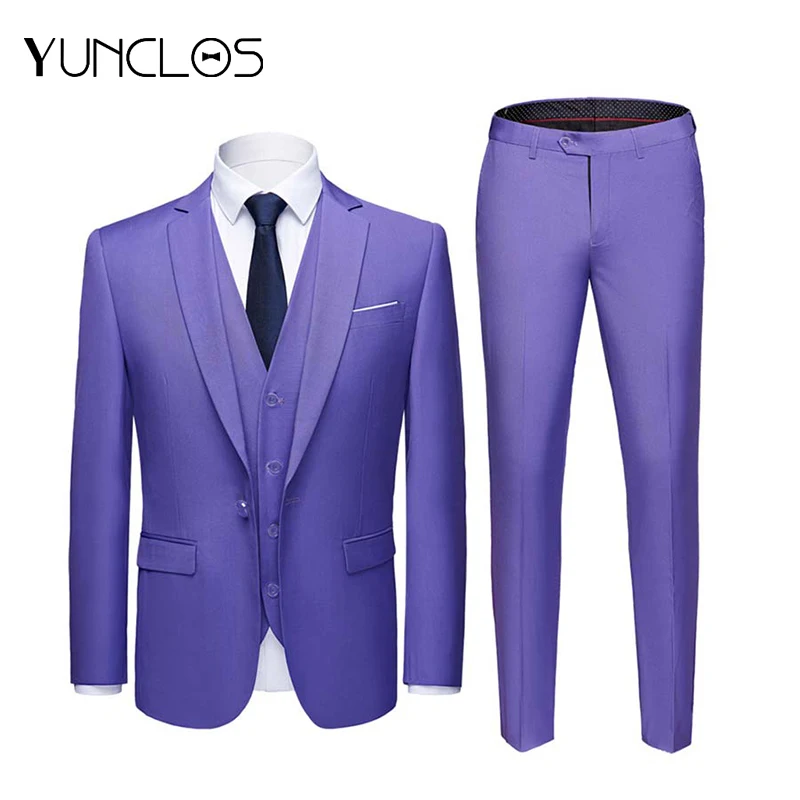 YUNCLOS фиолетовый мужской костюм из 3 предметов однотонный Повседневный