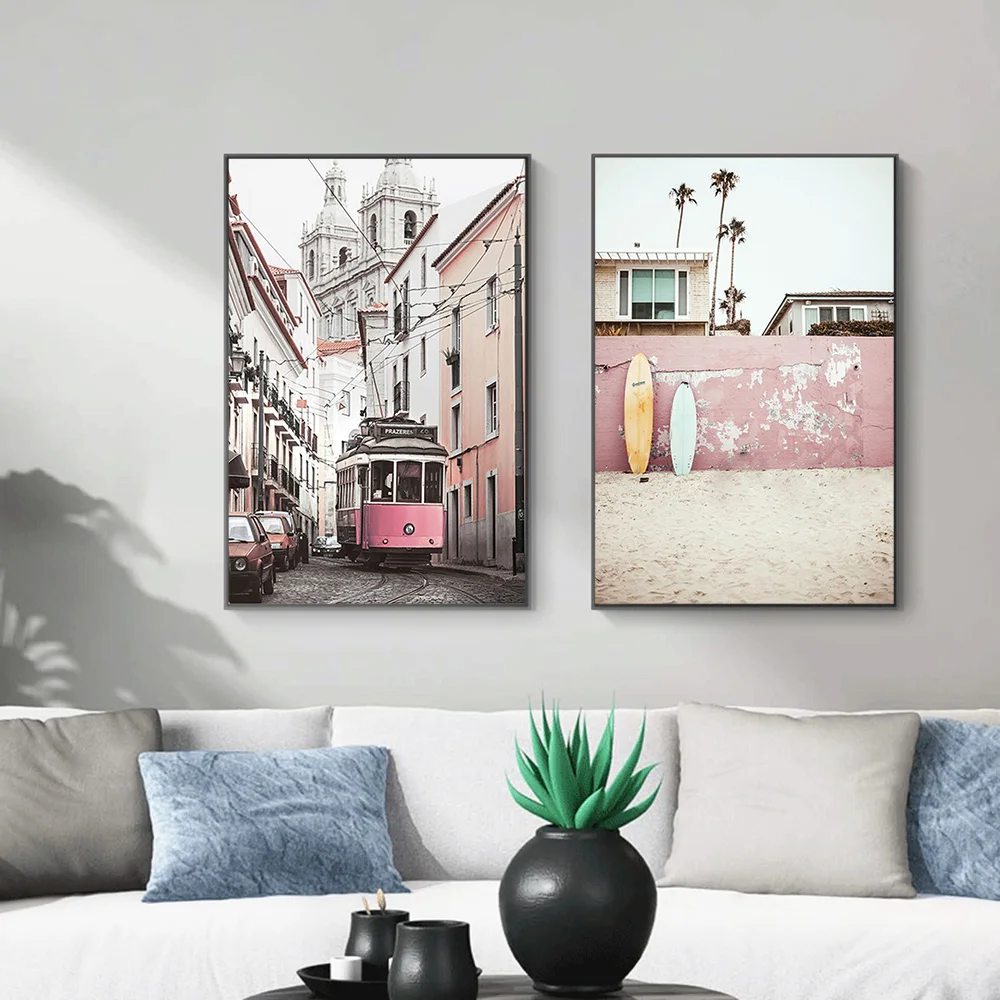 Пейзаж холст Постер скандинавский декор автобус океан пляж настенная