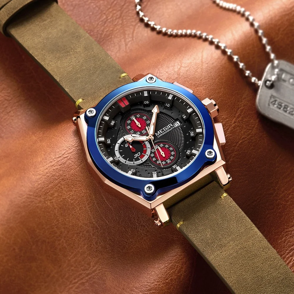 Часы наручные MEGIR Мужские кварцевые Брендовые спортивные с хронографом и кожаным