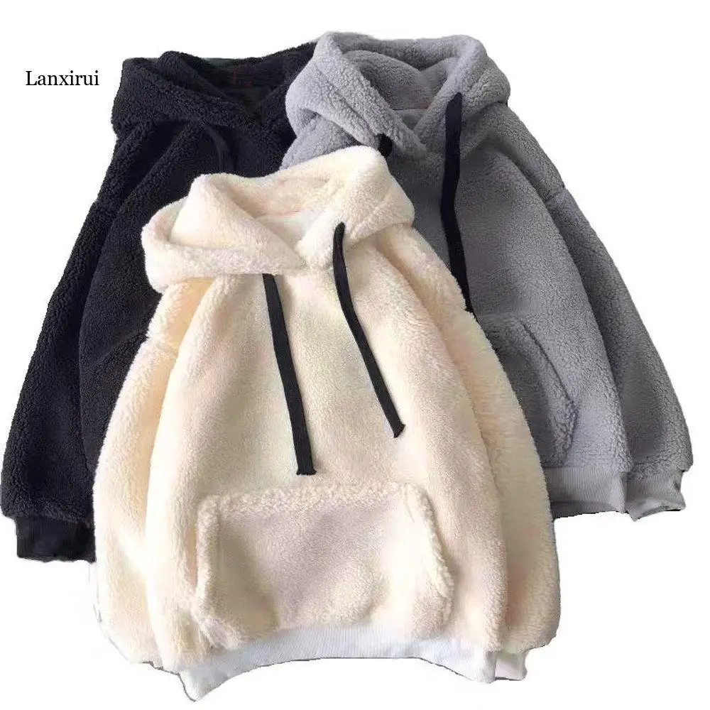 Sweatshirts Hoodies Women Autumn Winter Plush Warm Fluffy Double Hoodies Pullover Loose Soft Thick Hoodie Tops for Teens