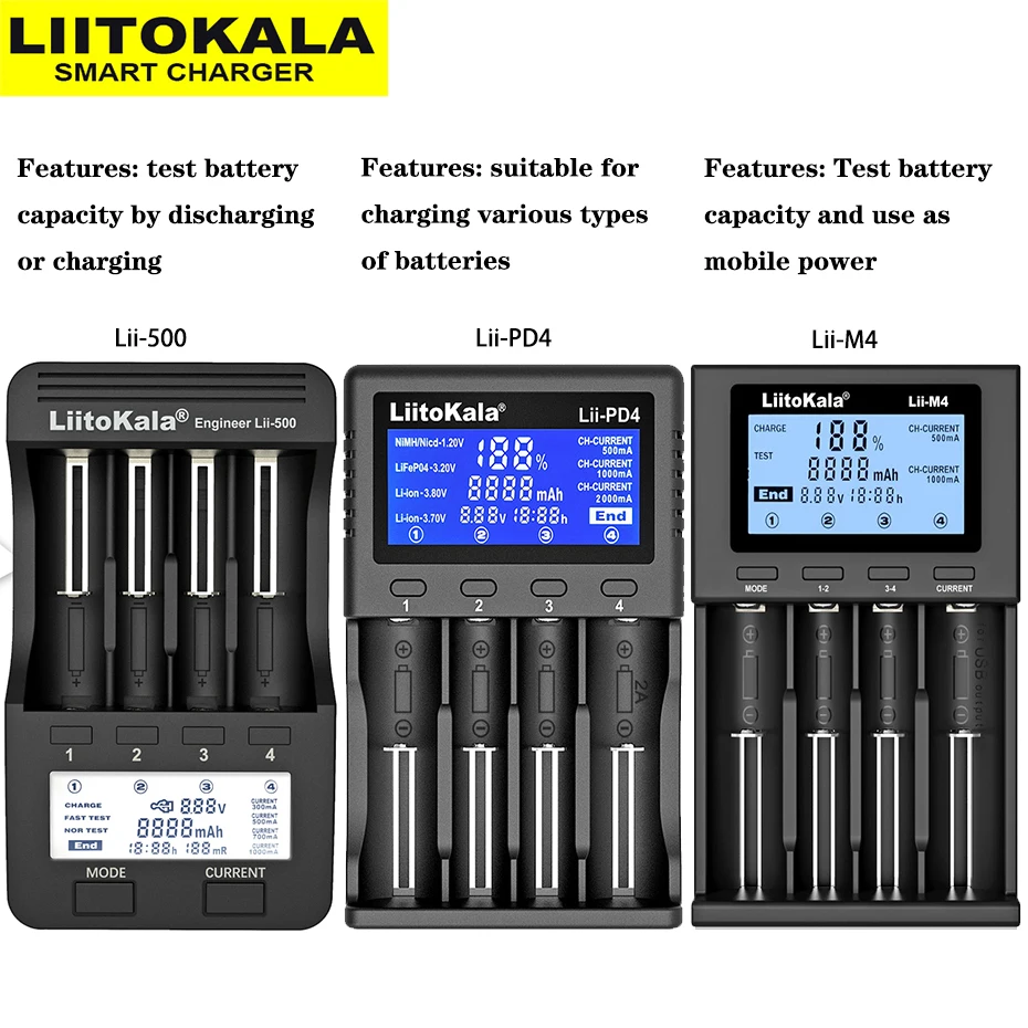 Зарядное устройство LiitoKala Lii-500 Lii-PD4 18650 ЖК-дисплей универсальное умное зарядное