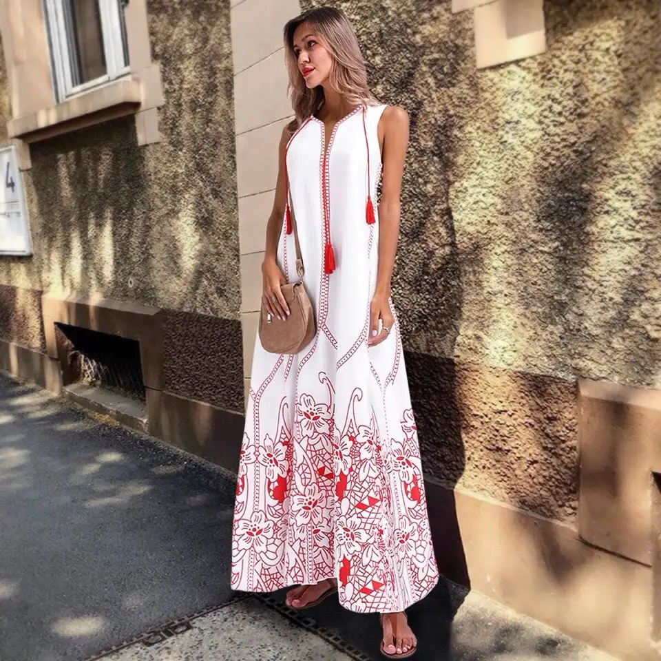 

2021 Ladies Sexy Dress Summer Women Fashion European And American Style New Sleeveless V-Neck Print Loose Beach Vestido Vfemage
