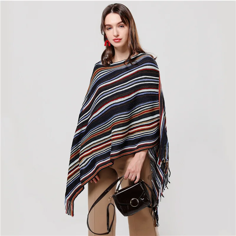 Женское пончо накидка шарф модные полосатые зимние теплые кашемировые шарфы