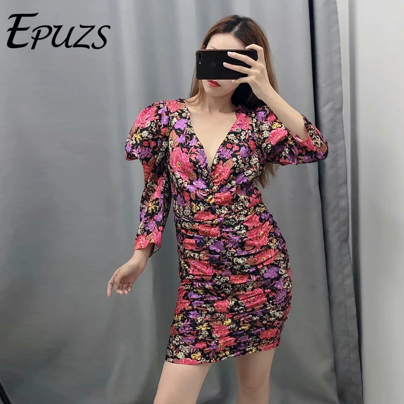 Осеннее платье с цветочным принтом и рюшами женское мини-сексуальное v-образным