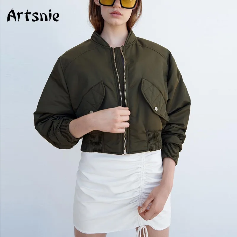 

Artsnie Autumn Parkas Coat Women Zipper Long Sleeve Army Green Jackets Streetwear Double Pockets Ladies Bomber Coats Chaqueta