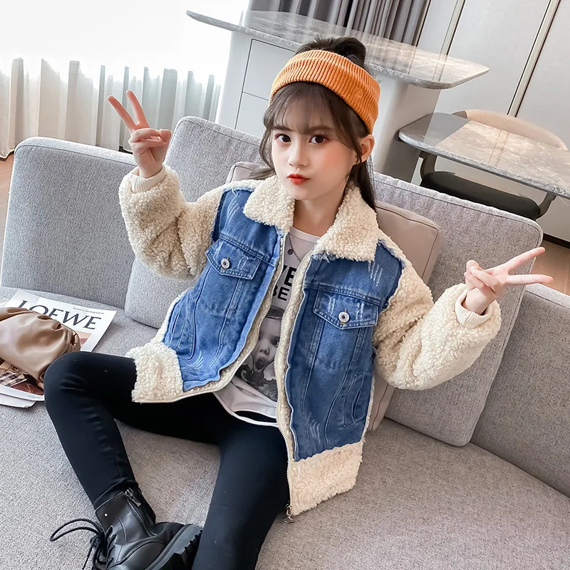 Шикарная джинсовая куртка из овечьей шерсти для девочек-подростков повседневное