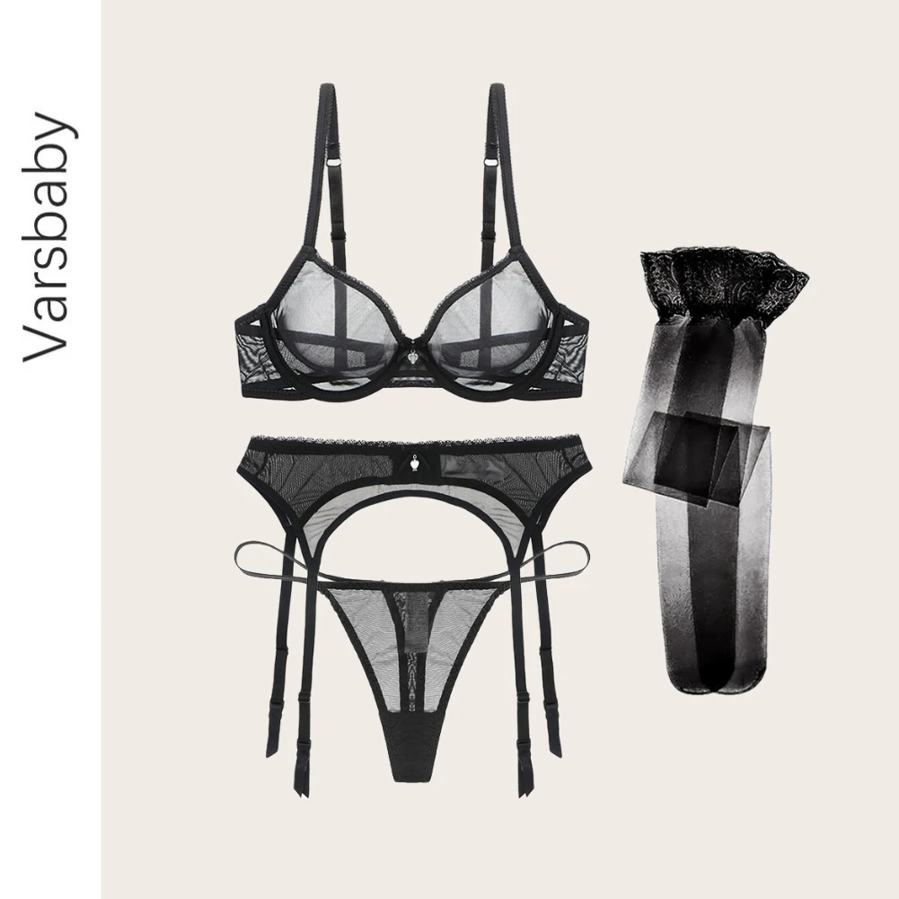

Комплект сексуального нижнего белья Varsbaby из 4 предметов, бюстгальтер + подвязки + стринги + чулки, нижнее белье, черный/бежевый/белый цвет, Жен...
