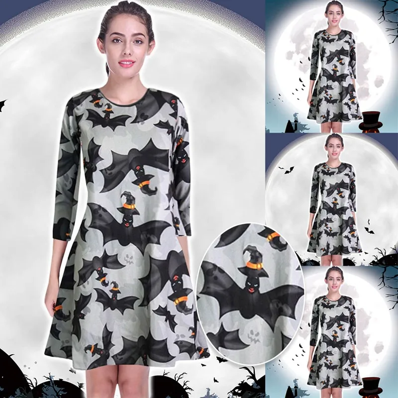 

2020 Women's Retro Dress Round Neck Long Sleeve Halloween Style Print Slim Swing Black Dress #3