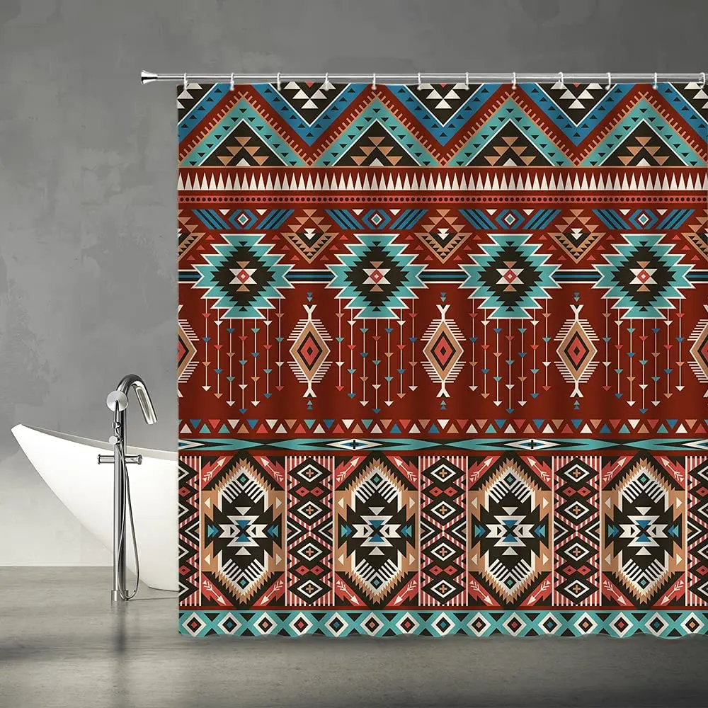 

Aztec Shower Curtains Retro Color Tribal Abstract Geometric Ethnic Design Western Boho Red Tan Fabric Bathroom Decor Sets Hooks