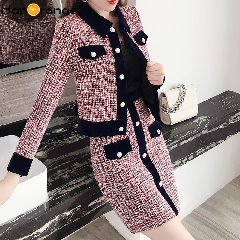 

Зимний красный твидовый комплект с юбкой в клетку Короткий Блейзер и мини-низ