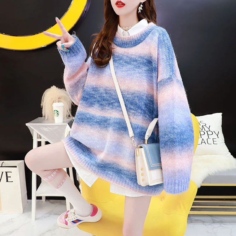 Милый женский свитер JMPRS пуловер Радужный японский вязаный джемпер свободный