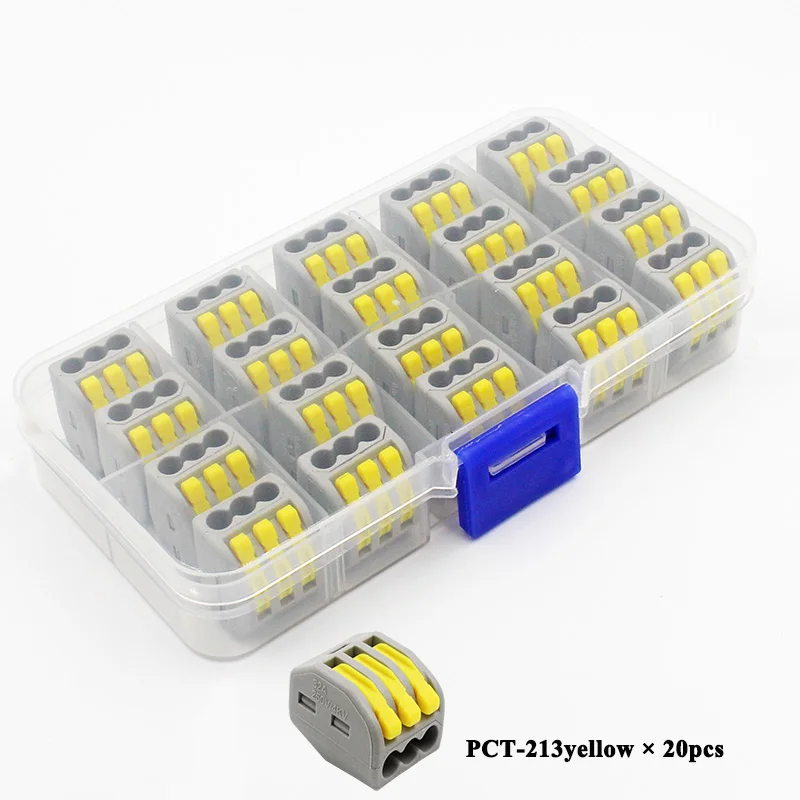 PCT-213YL 20pcs box Провод СОЕДИНИТЕЛЬ НАБОР коробка Универсальный компактный клеммный блок освещение провода разъем для 3 комнаты Гибридный быстрый разъем - Цвет: PCT-213YL 20pcs box