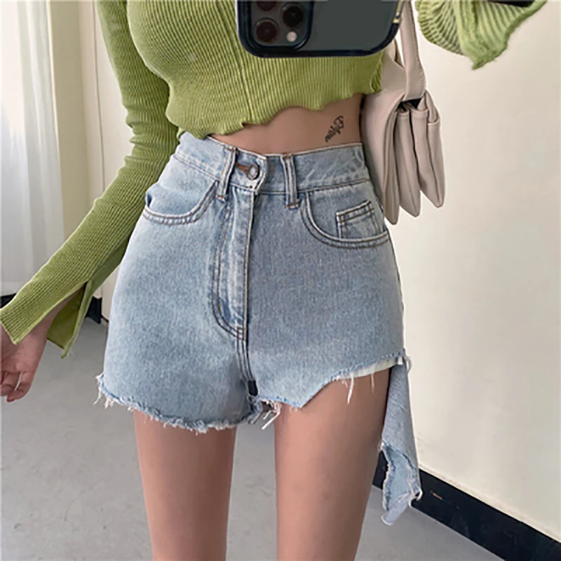 

Cut Frill Jeans Female Korean Version Straight Pants High Waist Shorts Summer 2020 New Style Pants Baggy Hot Pants Fashion