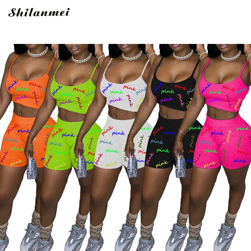 

Women Two Piece Set Sleeveless Shorts Solid Spaghetti Strap Sheath Elastic Hight Waist Crop Tops Shorts Summer Pink Letter Set