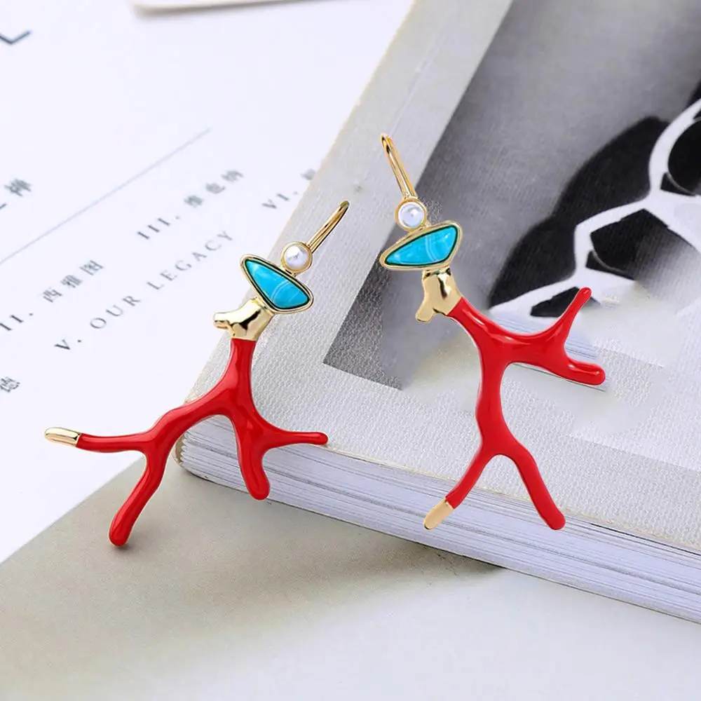Красная Эмаль коралловые рога ветка акриловая смола Висячие серьги девушки Мода