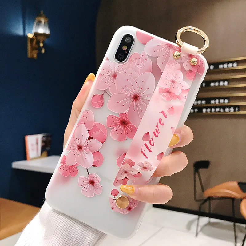 IK21-21WDFPink SoCouple Мягкий ТПУ чехол на запястье для iphone 7 8 6 6s plus 11 Pro Max X Xs max XR Рельефный цветочный Чехол-держатель для телефона - Цвет: IK21-21WDFPink