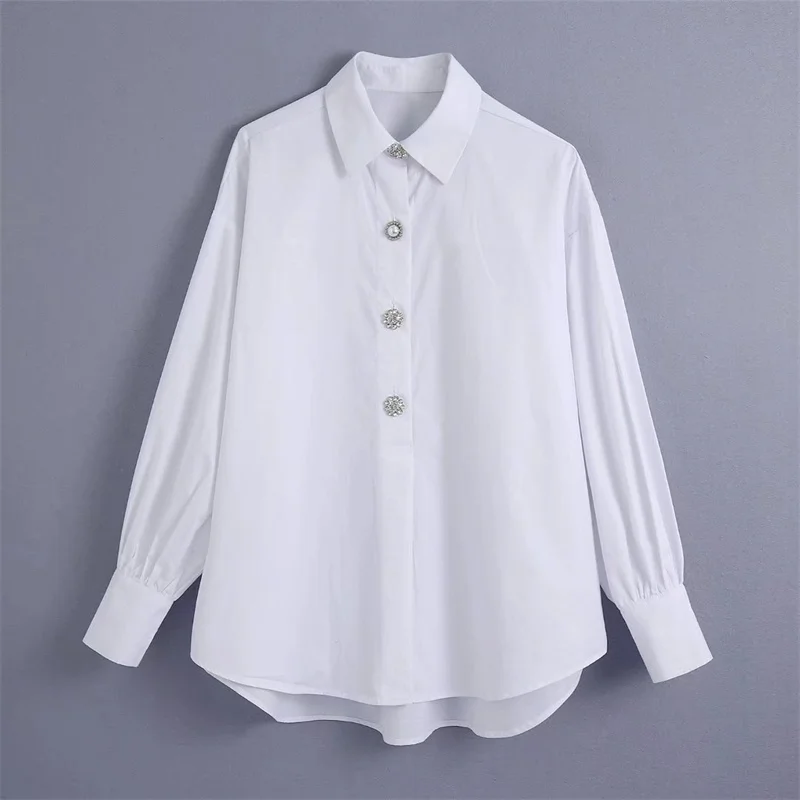 

MESTTRAF Women 2021 Fashion White Faux Bejewelled Button Blouses Vintage Long Sleeve Hem Asymmetry Shirts Streetwear