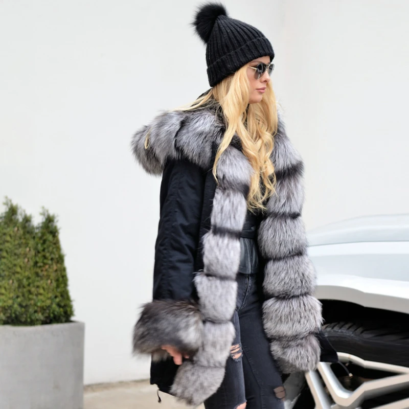 2022 Winter Fashion Silver Fox Fur Parka For Women With Big Hood Thick Warm Genuine Fox Fur Jacket With Rex Rabbit Fur Linning