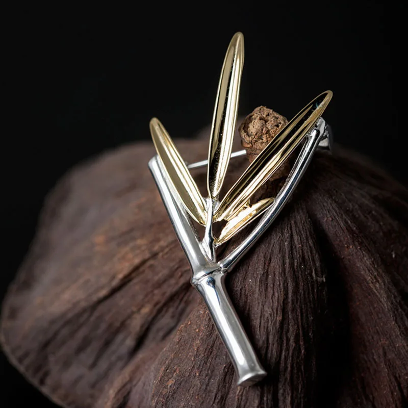 

Булавка для воротника из стерлингового серебра S925 пробы, Классическая бамбуковая брошь в этническом стиле, простая модная булавка с бамбуковыми листьями