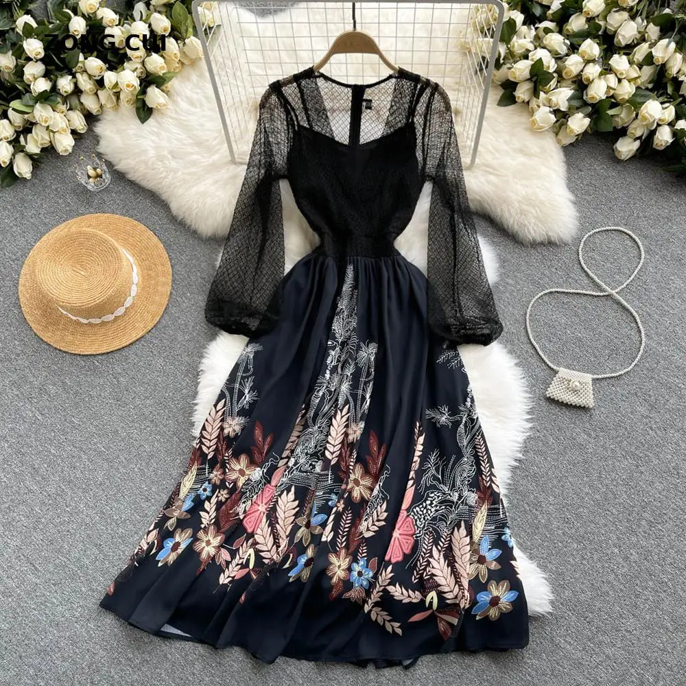 

Fashion Designer Black Print Elegant Maxi Dress Spring Autumn Women V-neck Sexy See Through High Waist Patchwork Party Dresses