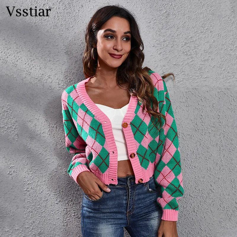 

Зимние клетчатые кардиганы Vsstiar, модный свитер Y2K с V-образным вырезом и пуговицами, повседневный вязаный женский джемпер, пальто, женские то...