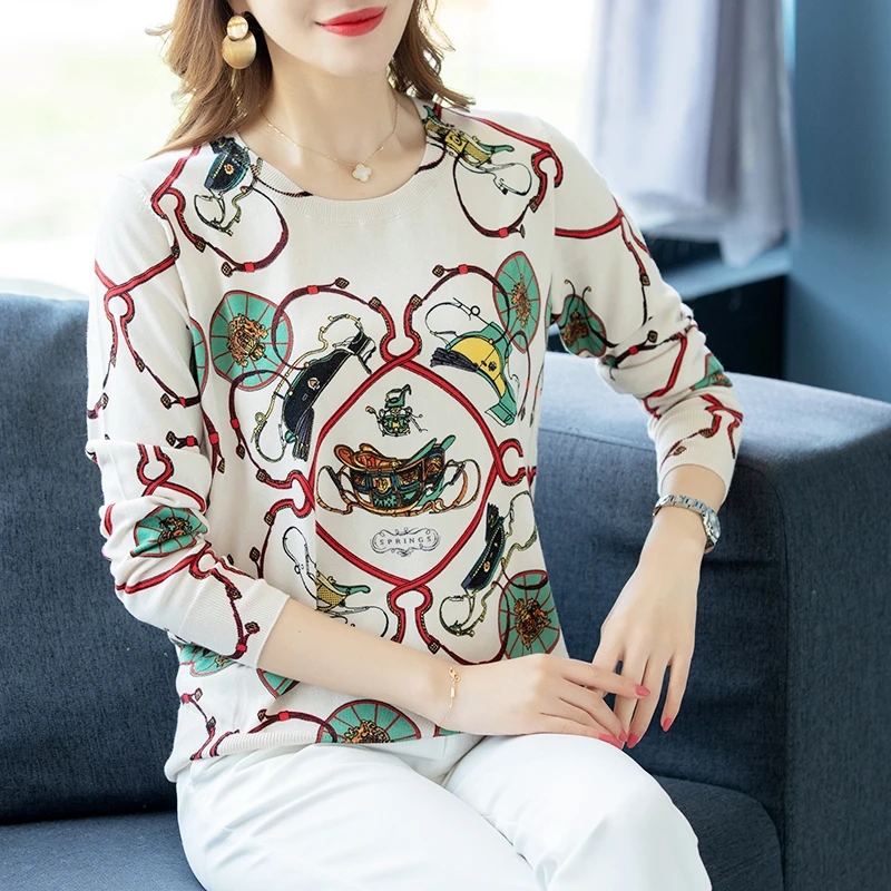 Luxury Designer Brand Runway Sweater Women Elegant Long-sleeve Loose Printed Knitted Pullovers Soft Tops Feminino New | Женская одежда